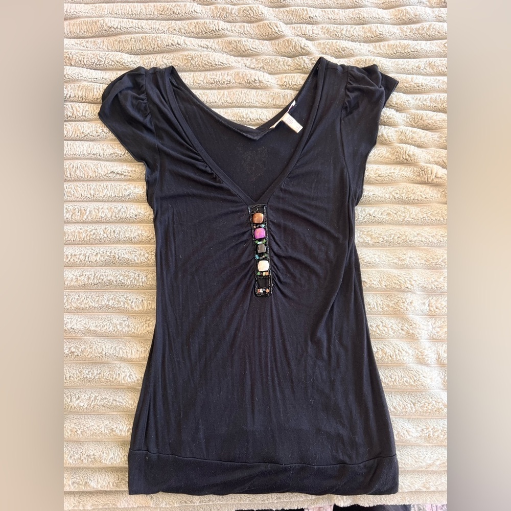 Vintage Y2K American Rag Black V-Neck Blouse with Beading Detail